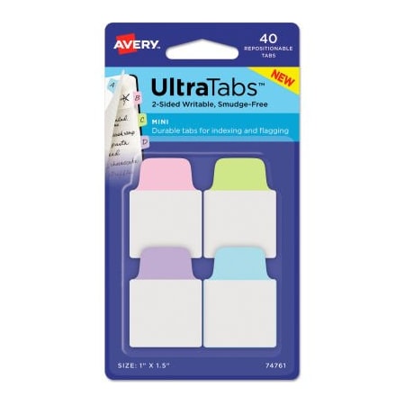 Avery Dennison Avery Ultra Tabs Repositionable Tabs, 1in x 1-1/2in, Pastel: Blue, Green, Pink, Purple, 40/Pack 74761